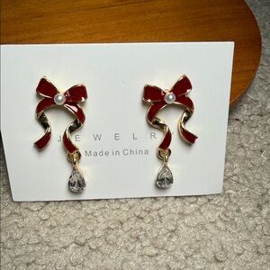 Elegant Red Bow Earrings with Crystal Accent